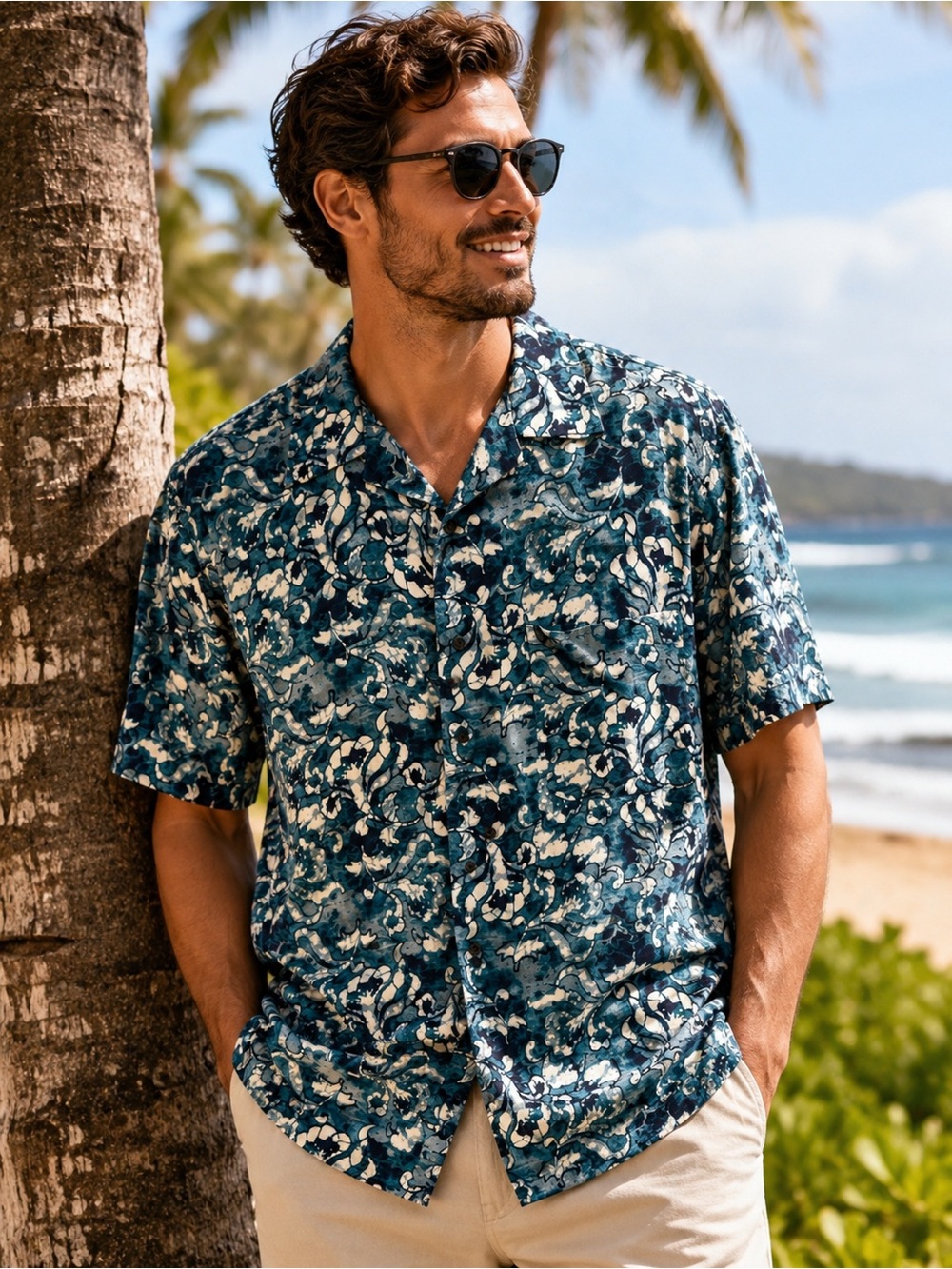 Morro Bay Hawaiian Shirt Button Front Men's size Med Multi Colors Of Blues